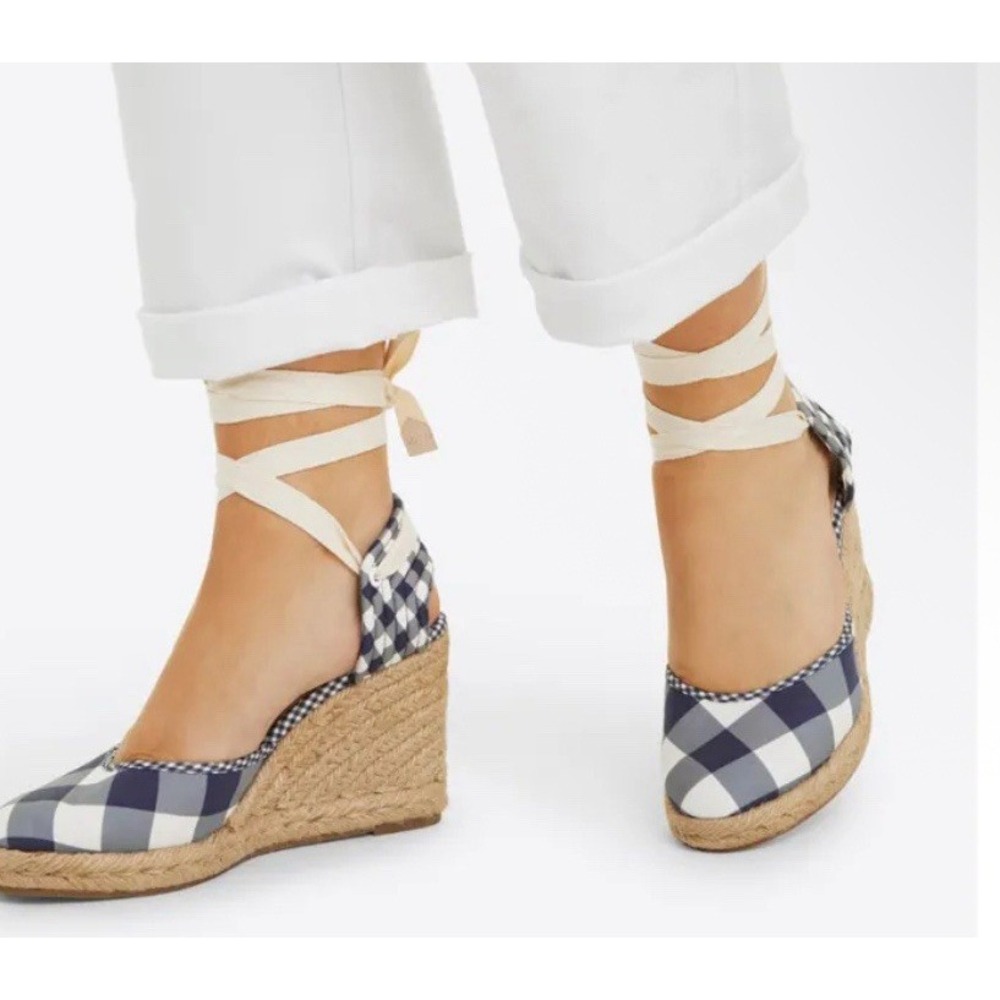 Draper‎ James Navy Gingham Espadrille Wedges Size 8 Ankle Wrap Southern Chic - Picture 4 of 13
